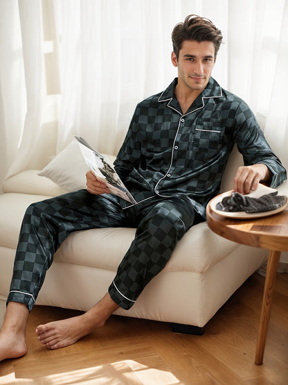 2 Pcs Men's Silky Trendy Plaid Print Open Front Long-sleeves & Long Pants Pajama Sets, Comfortable & Skin-friendly Style Pajamas For Men's Cozy Loungewear