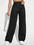 vlovelaw  Plain Loose Fit Baggy Jeans, Slant Pockets Non-Stretch Casual Wide Legs Jeans, Women's Denim Jeans & Clothing