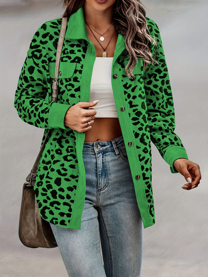 vlovelaw  Leopard Print Shacket Jacket, Casual Button Front Turn Down Collar Long Sleeve Outerwear, Women's Clothing