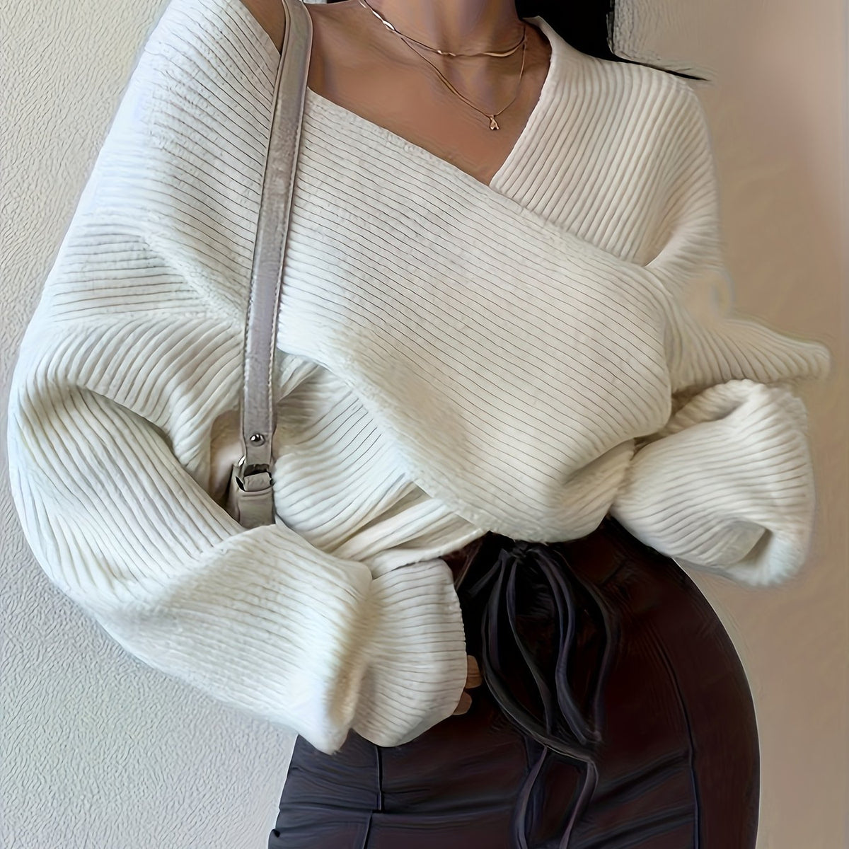 vlovelaw  Solid Cross Front V Neck Sweater, Elegant Long Sleeve Pullover Sweater, Women's Clothing