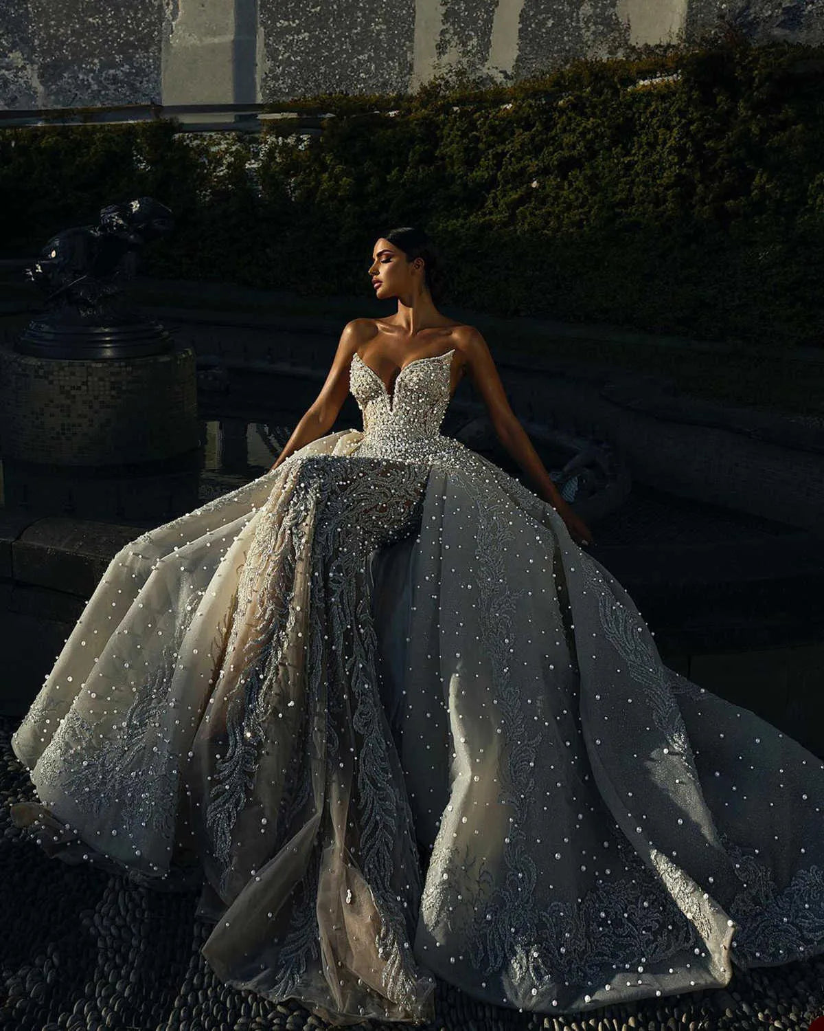 Gorgeous Mermaid Wedding Dresses Pearls Appliques Sweetheart Detachable Train Backless Designer Custom Made Plus Size Bridal Gown Vestidos De Novia