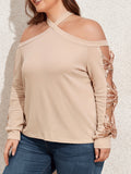 Plus Size Sexy Top, Women's Plus Solid Sequin Decor Cold Shoulder Cut Out Long Sleeve Criss Cross Halter Neck Medium Stretch Top