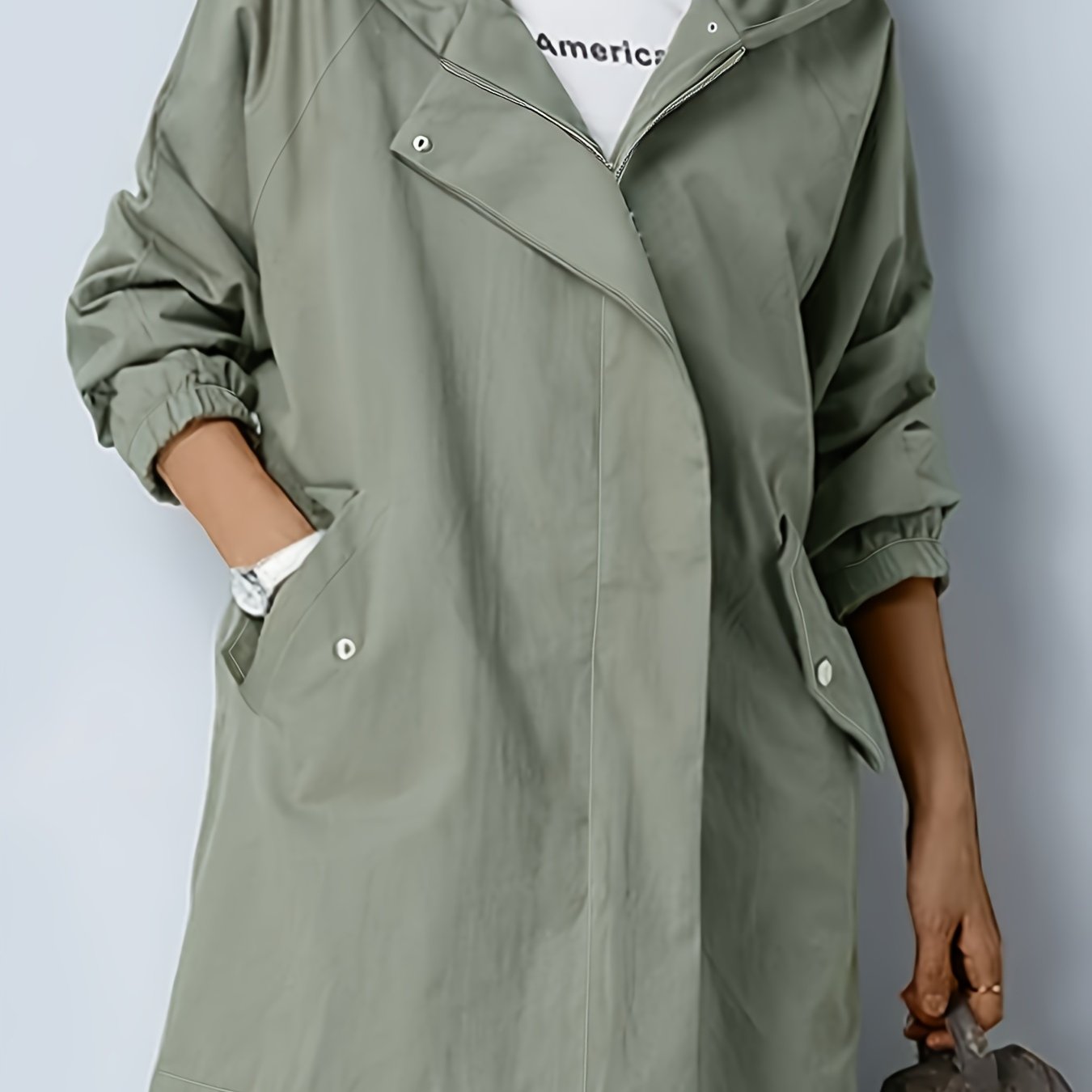 xieyinshe  Plus Size Casual Trench Coat, Women's Plus Solid Long Sleeve Zip Up Snap Buttons Lapel Collar Tunic Trench Coat With Pockets