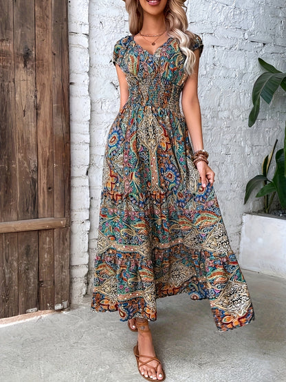 vlovelaw  Paisley Print V Neck Dress, Elegant Short Sleeve Dress For Spring & Summer, Women's Clothing