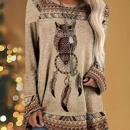 vlovelaw Owl Print Raglan Sleeve Tunics, Vintage Boho Crew Neck Tunics, Women's Clothing