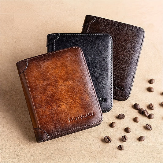 Three-Fold Genuine Leather Mens Wallet - Spacious Card Holder, Durable Top Layer Cowhide, Simple Solid Color Design, Ideal Gift for Men