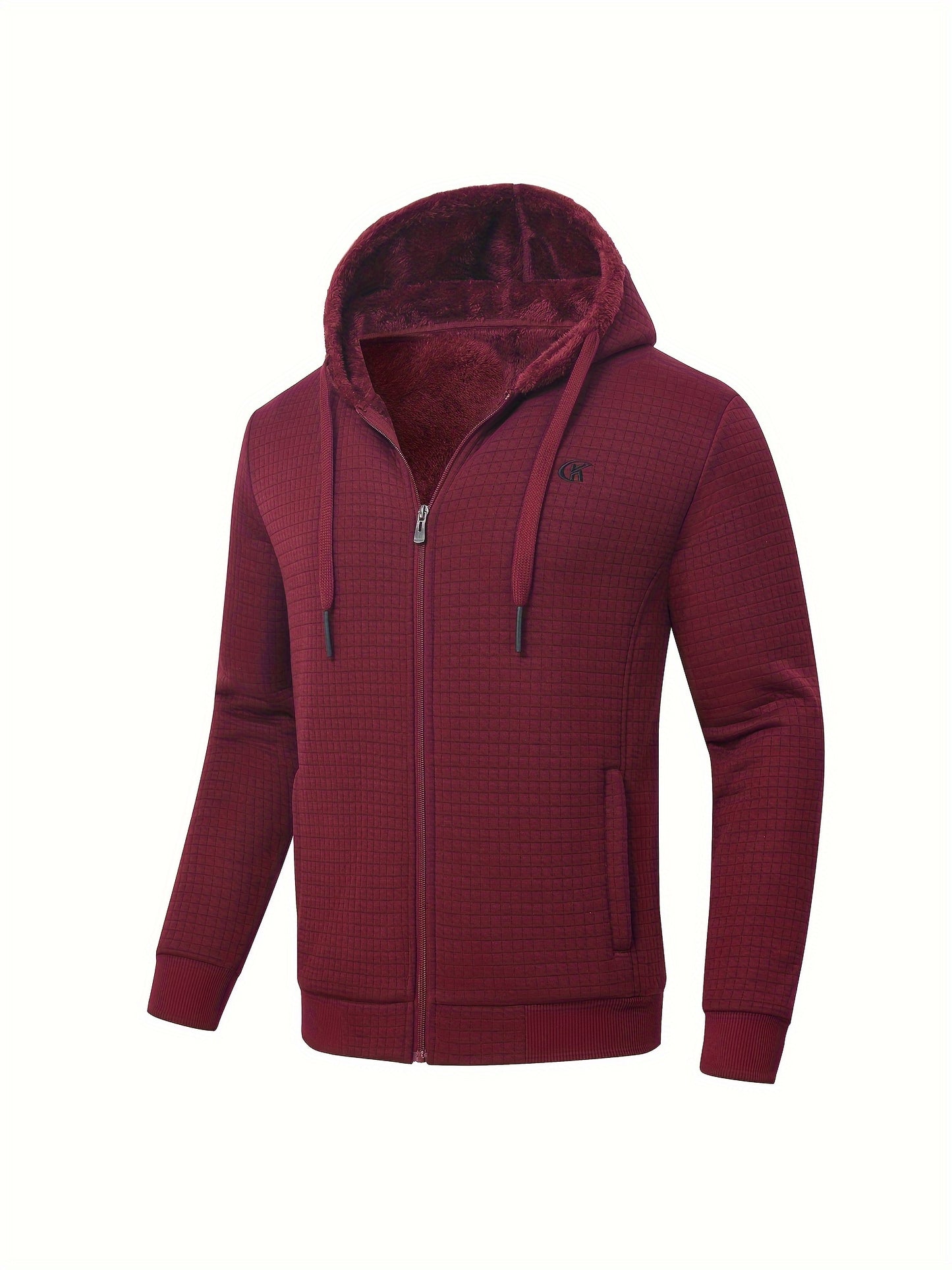 Men's Plus Size Waffle Knit Hooded Fleece Jacket, Casual Long Sleeve Zipper Hoodie With Inner Pockets