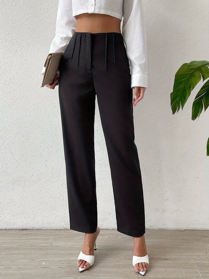 vlovelaw  Solid High Waist Pants, Elegant Straight Leg Ruched Pants, Women's Clothing