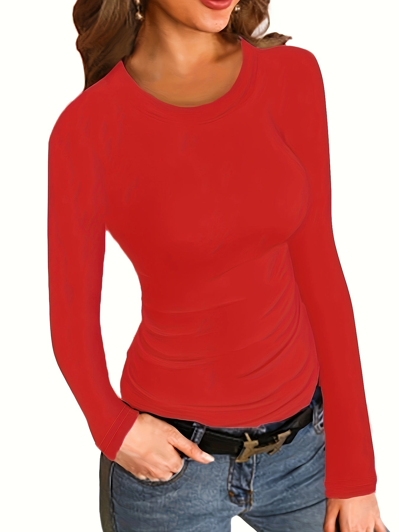 vlovelaw Solid Ribbed Long Sleeve Skinny T-shirt, Versatile Crew Neck Slim Top, Women's Clothing