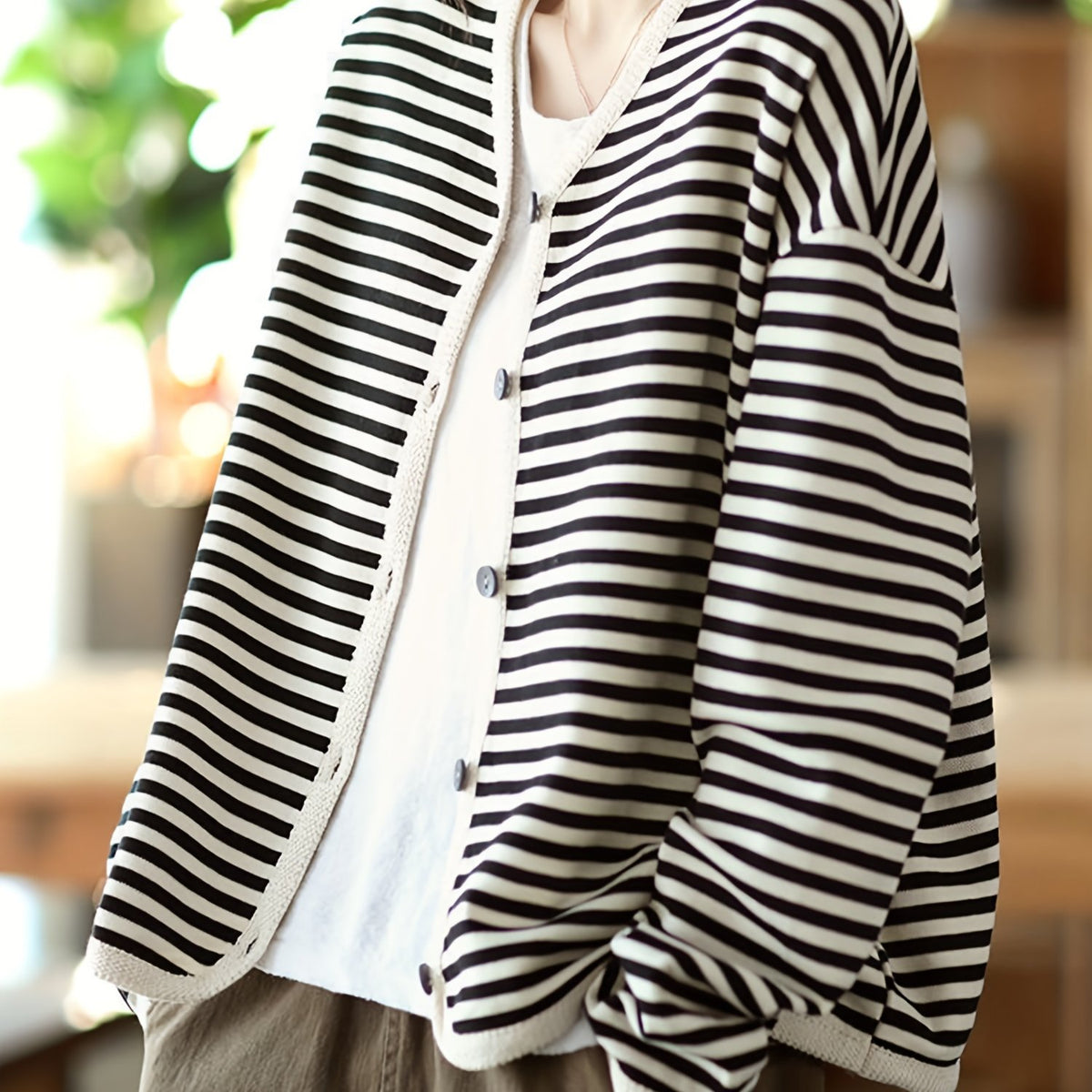 vlovelaw  Striped Print Button Front Jacket, Casual V Neck Long Sleeve Outerwear For Spring & Summer, Women's Clothing