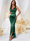 Solid V Neck Dress, Elegant Sleeveless Split Bodycon Dress For Party & Banquet, Women's Clothing