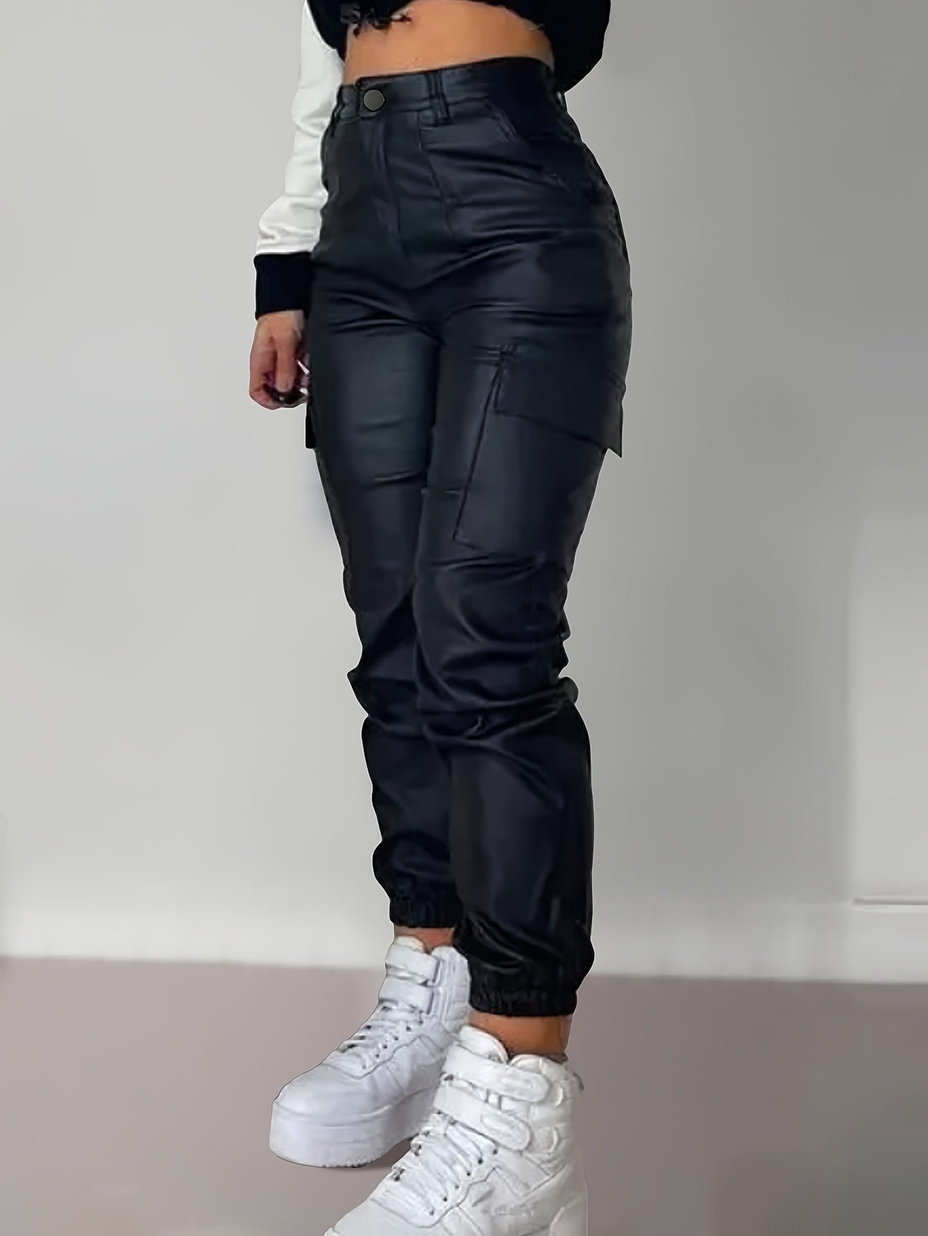 vlovelaw Faux Leather Solid Jogger Pants, Casual Flap Pocket High Waist Pants, Women's Clothing