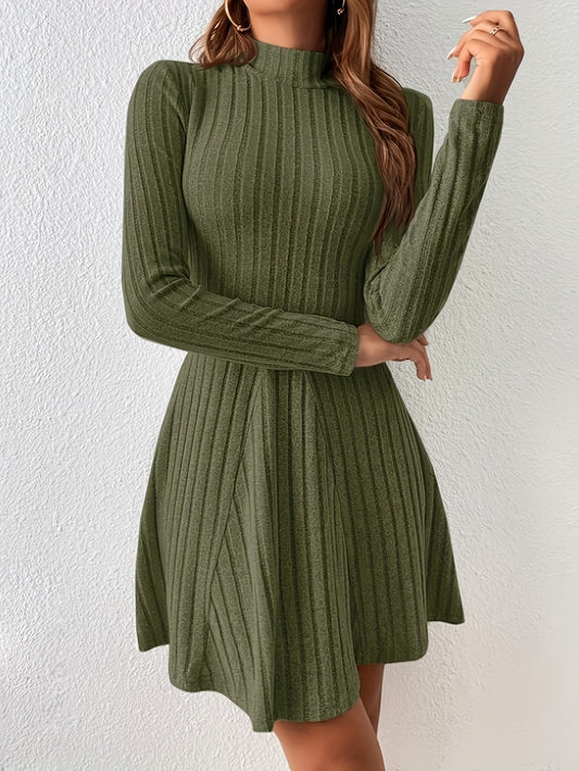 vlovelaw  Solid Ribbed Dress, Casual Mock Neck Long Sleeve Dress, Women's Clothing