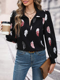 Feather Print Blouse, Elegant V Neck Long Sleeve Blouse, Women's Clothing