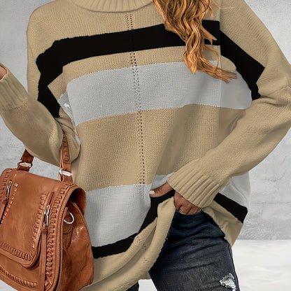 vlovelaw Plus Size Casual Sweater, Women's Plus Colorblock Long Sleeve Turtle Neck Slight Stretch Sweater