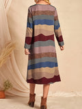 vlovelaw  Striped Crew Neck Dress, Elegant Long Sleeve Dress For Spring & Fall, Women's Clothing