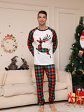 Men's Trendy Casual Christmas Pajamas Sets, Reindeer Plaid Graphic Print Long Sleeve Crew Neck Top & Loose Pants Lounge Wear