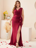 Plus Size Ruched Dress - Stunning Solid Color, Elegant V Neck, Ruffle Trim, Sleeveless Design for Party & Banquet - Designed for Plus Size Women, Perfect for Curvy Figures