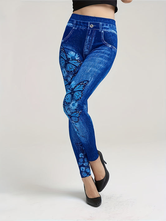 vlovelaw Faux Denim Butterfly Print Tummy Control Butt Lifting Sports Leggings, Yoga Workout Running Tight Pants, Women's Activewear