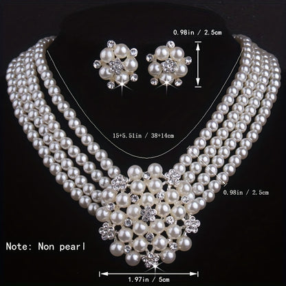 High end and atmospheric flower necklace with a pair of earrings set in milky white, 4-row bead necklace, wedding banquet, evening party, engagement set chain