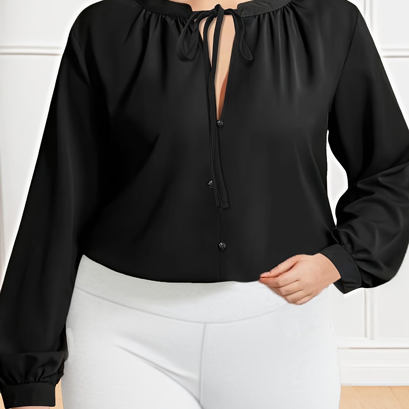 Solid Button Front Tie Front Blouse, Versatile Lantern Sleeve Blouse For Spring & Fall, Women's Clothing