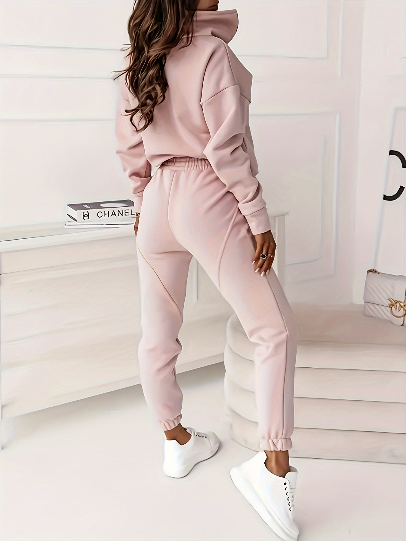 vlovelaw  Solid Casual Two-piece Set, Zip Front Long Sleeve Top & Elastic Waist Pants Outfits, Women's Clothing