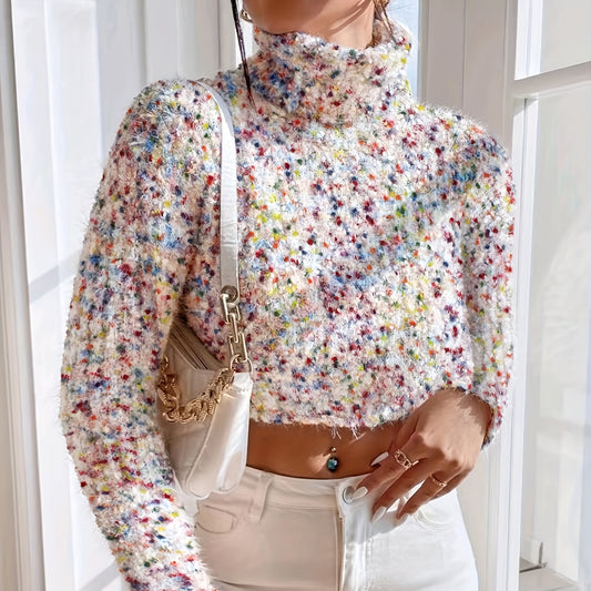 vlovelaw  Colorful Dot Turtle Neck Pullover Sweater, Casual Long Sleeve Crop Sweater, Women's Clothing