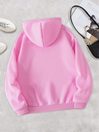 Letter Print Loose Fit Hooded Sweatshirt, Long Sleeves Slight Stretch With Pocket Sports Hoodie, Women's Activewear