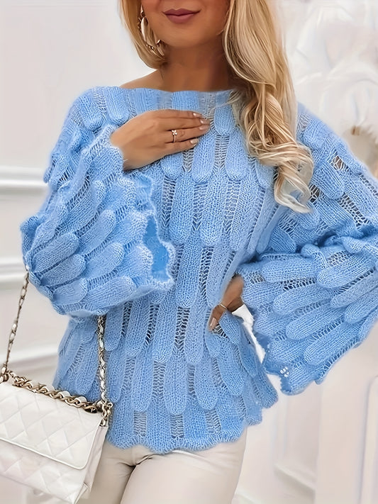 vlovelaw Solid Cut Out Knitted Pullover Sweater, Elegant Flared Sleeve Sweater, Women's Clothing