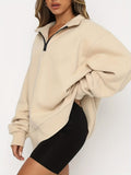 vlovelaw Zipper Oversized Sweatshirts, Casual Drop Shoulder Long Sleeve Solid Pullover, Women's Clothing