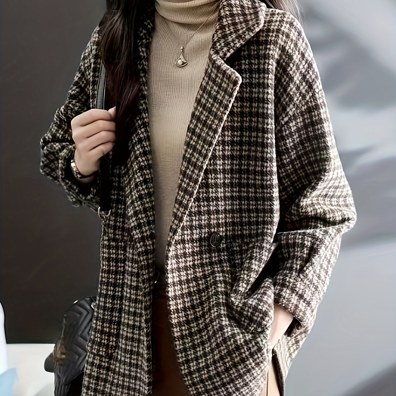 Plaid Lapel Coat, Casual Open Front Long Sleeve Versatile Outerwear, Women's Clothing