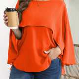 vlovelaw  Plus Size Elegant Blouse, Women's Plus Solid Layered Mesh Batwing Sleeve Round Neck Shirt Top