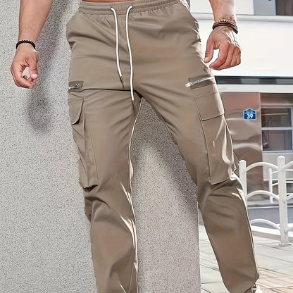 vlovelawMen's  Trendy Solid Tactical Pants, Casual Multi Pockets Trousers For Outdoor