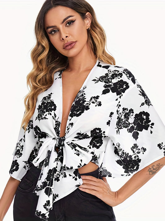 vlovelaw  Floral Print Tie Front Crop Blouse, Sexy Half Sleeve Blouse For Spring & Summer, Women's Clothing