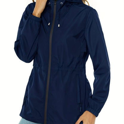 vlovelaw  Drawstring Hooded Jacket, Casual Zip Up Long Sleeve Solid Outerwear, Women's Clothing