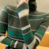 vlovelaw  Stripes Print Turtle Neck Pullover Sweater, Elegant Long Sleeve Knitted Sweater For Fall & Winter, Women's Clothing