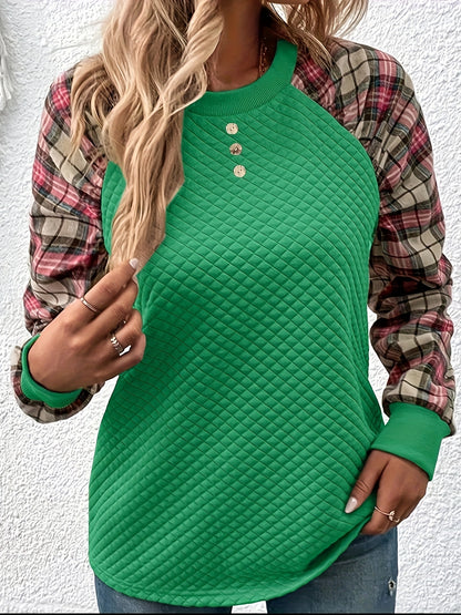 vlovelaw  Plaid Print Button Front Crew Neck T-Shirt, Casual Long Sleeve Top For Spring & Fall, Women's Clothing