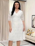 Plus Size Floral Lace Dress, Elegant V Neck Half Sleeve Dress For Party & Banquet, Women's Plus Size Clothing Wedding/Occasion/Engagement/Ceremony/Evening dress