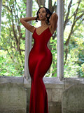 Backless Spaghetti Strap Dress, Sexy V Neck Solid Bodycon Party Club Dress, Women's Clothing