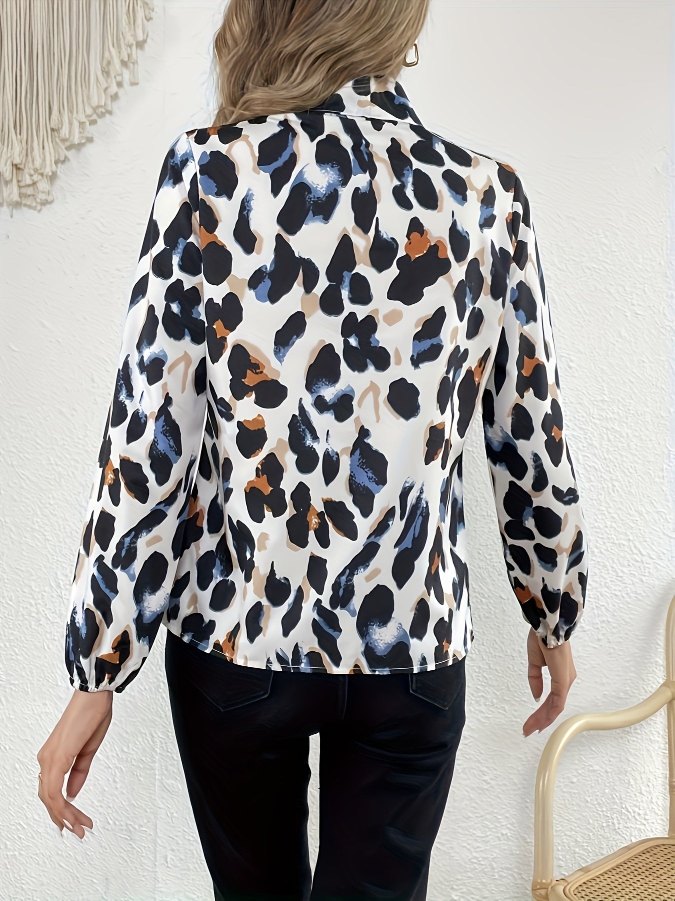 vlovelaw  Leopard Bow Tie Blouse, Elegant Long Sleeve Stand Collar Blouse, Women's Clothing