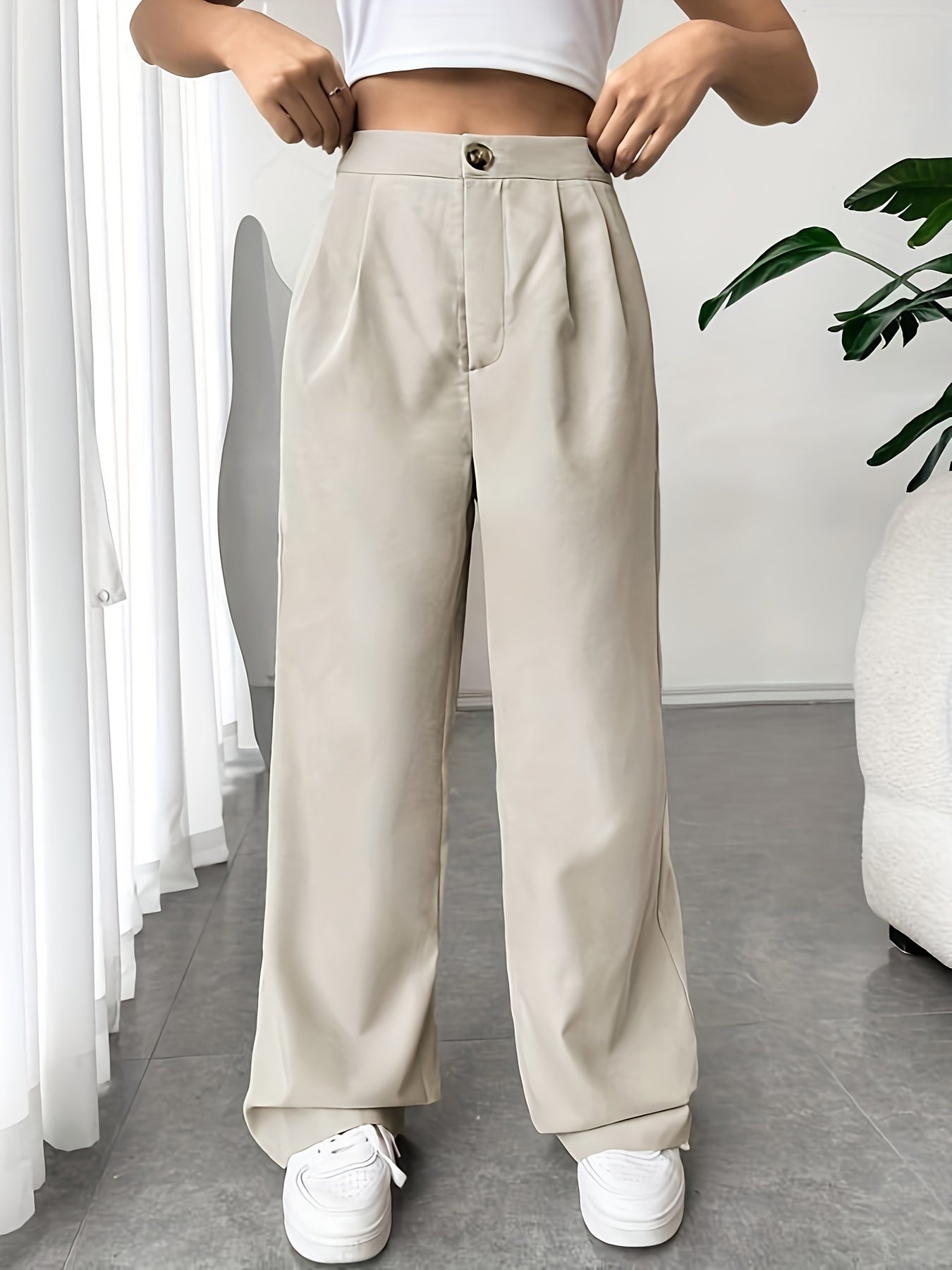 Solid Pleated Wide Leg Pants, Elegant High Waist Long Length Pants, Women's Clothing