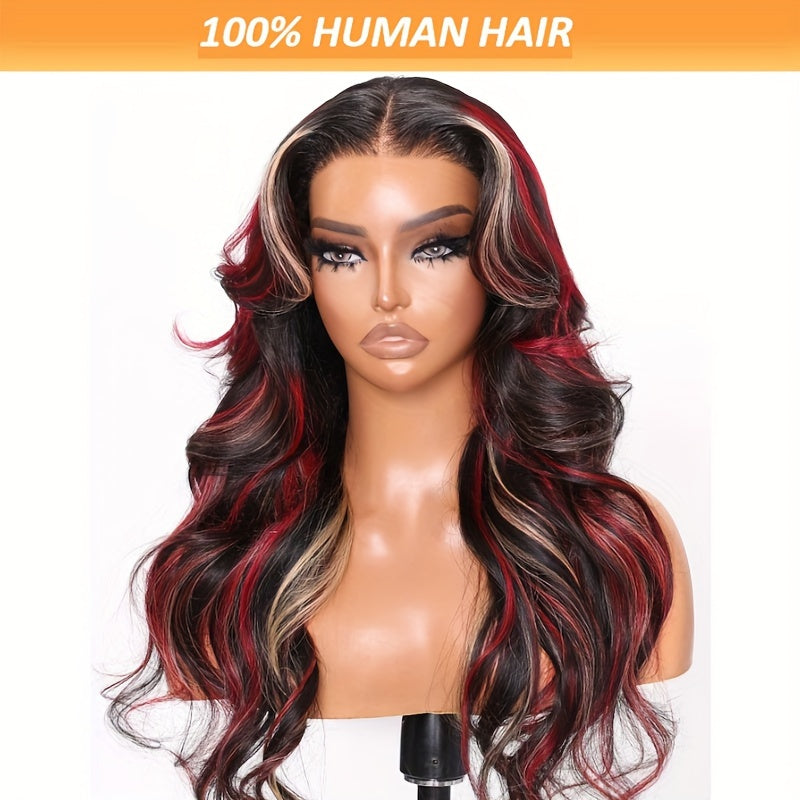 UNice Hair Burgundy With Blonde Highlights 13x4 Lace Front Wig Human Hair Loose Wave Wig Black With Red & Blonde Wavy Wigs 150%