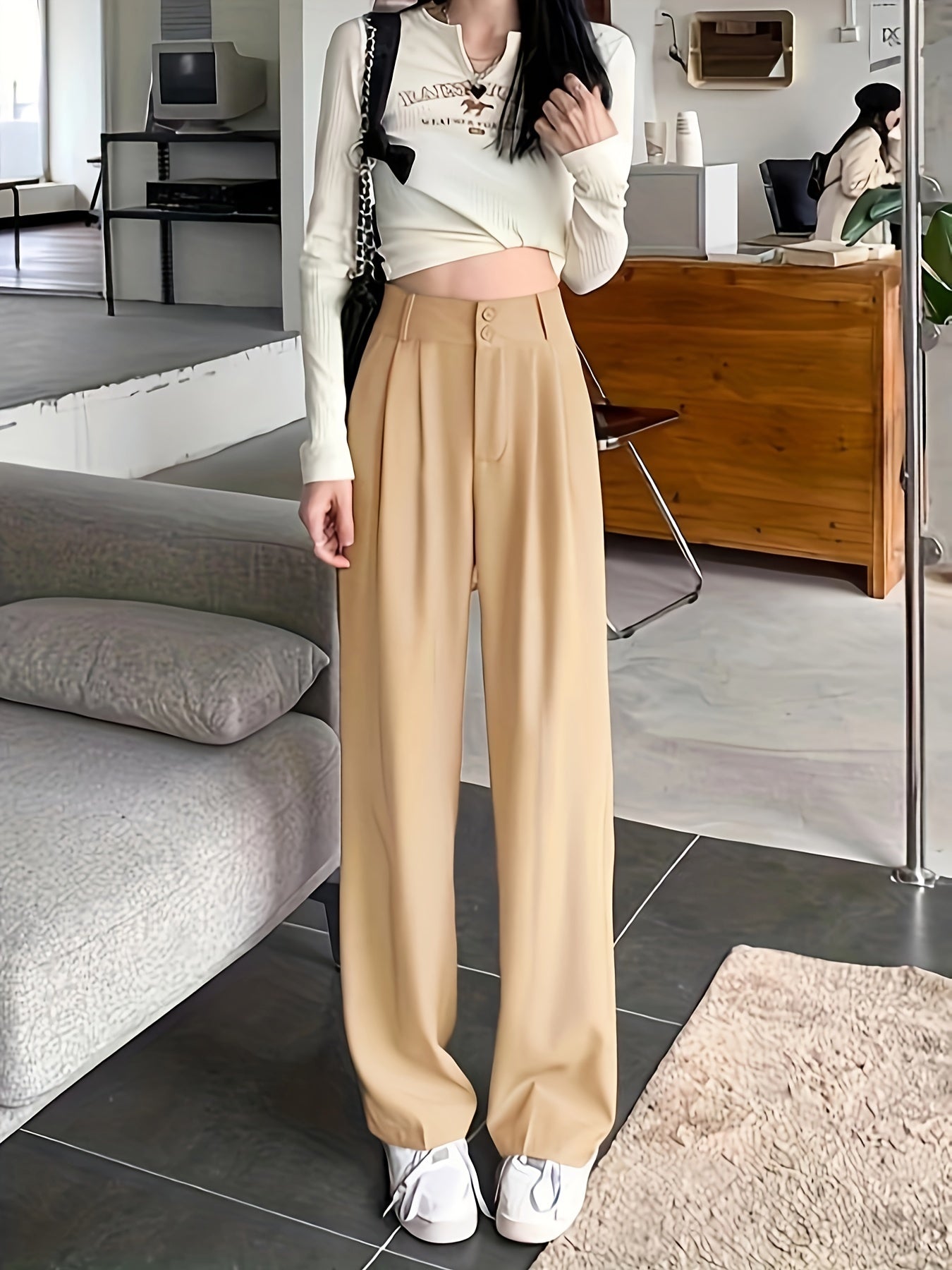 vlovelaw Solid Color Straight Leg Pants, Casual High Waist Loose Pants For Spring & Fall, Women's Clothing