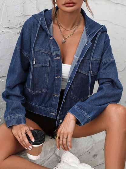 Plain Hooded Cropped Denim Coats, Single-Breasted Button Long Sleeves Flap Pockets Denim Jackets, Women's Denim Clothing