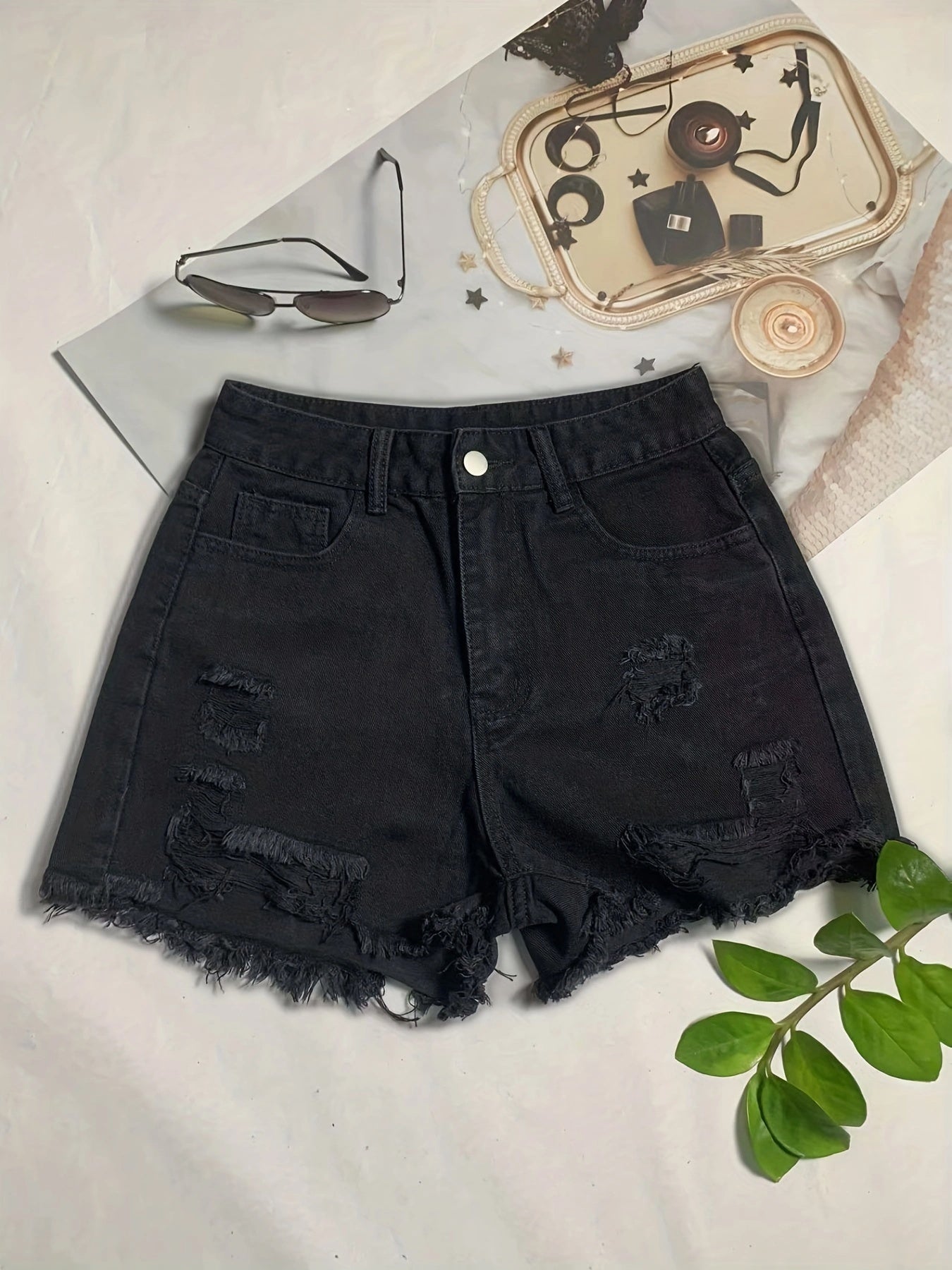 Black Raw Hem Denim Shorts, Distressed Slash Pockets Ripped Non-Stretch Short Denim Pants, Women's Denim Jeans & Clothing