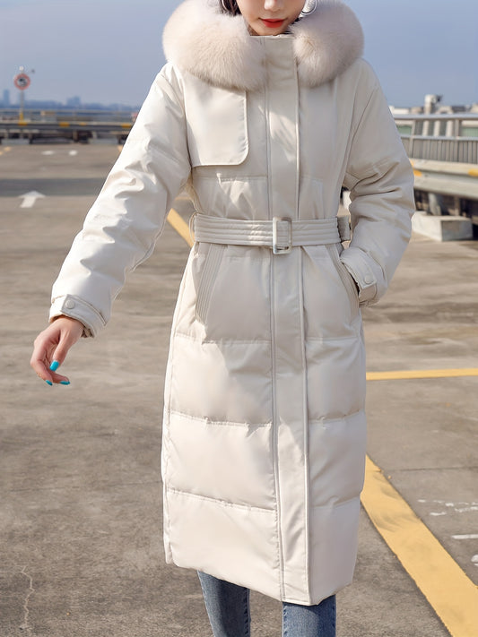 Fluffy Trim Long Length Coat, Casual Solid Long Sleeve Winter Warm Outerwear, Women's Clothing