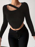 vlovelaw  Solid Asymmetrical Hem Crop Sweater, Sexy Long Sleeve Sweater For Spring & Fall, Women's Clothing