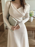 vlovelaw  Solid A-line Dress, Elegant V Neck Long Sleeve Dress For Spring & Fall, Women's Clothing