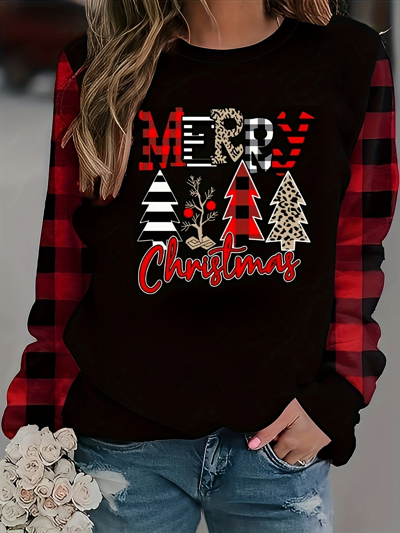 vlovelaw Christmas Pattern Crew Neck Pullover Sweater, Casual Long Sleeve Thin Sweater, Women's Clothing