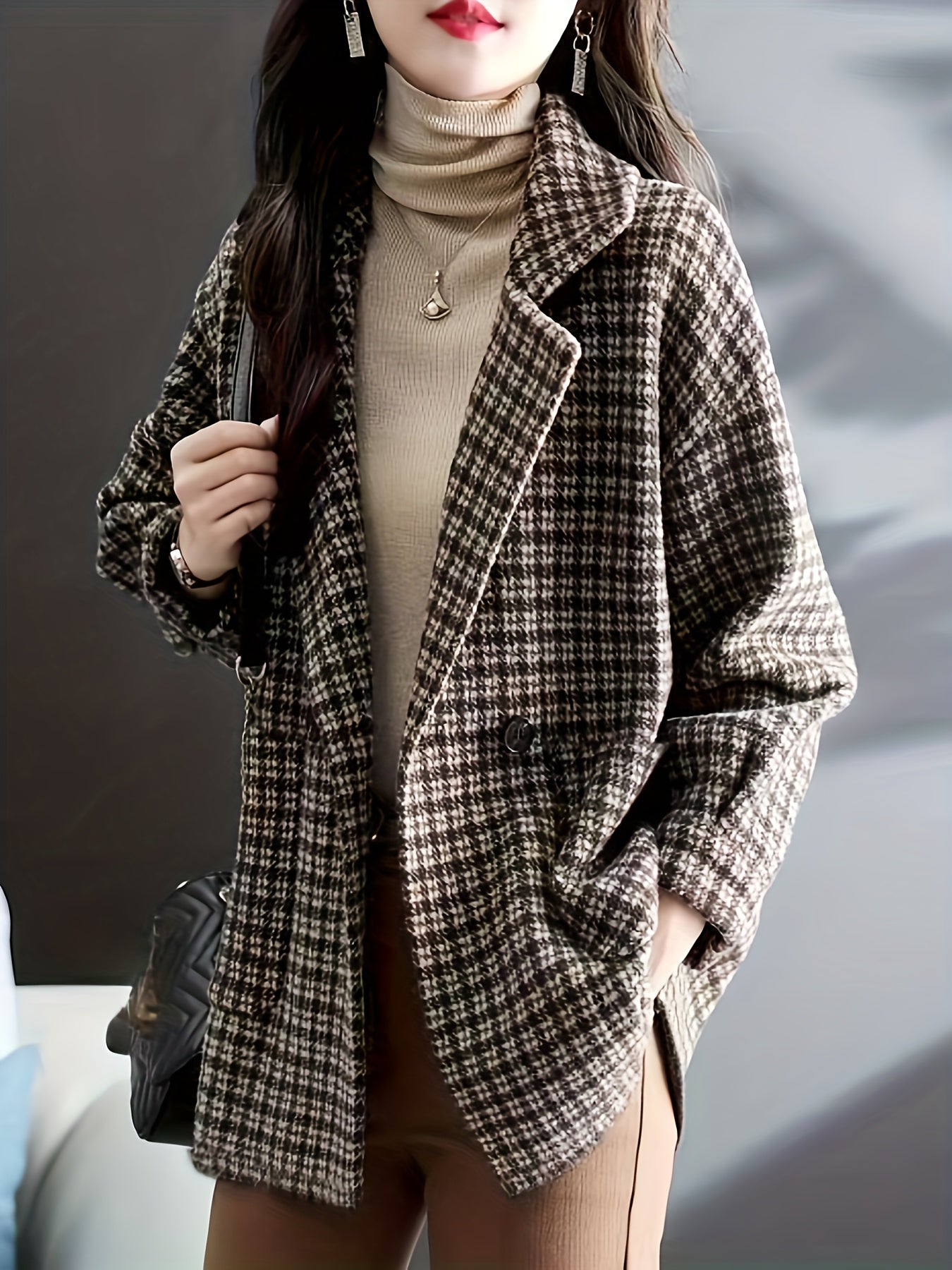 vlovelaw  Plaid Lapel Coat, Casual Open Front Long Sleeve Versatile Outerwear, Women's Clothing